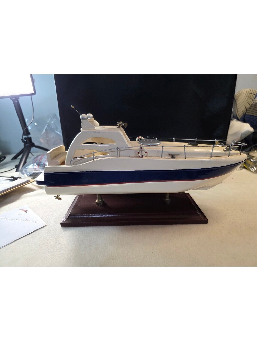 Vintage-Style Handmade Wooden Cabin Cruiser Model Boat Attached Display Stand